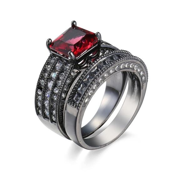 

red ruby zircon gems black gold filled ring wedding band finger promise ring set sz6-10181p, Silver