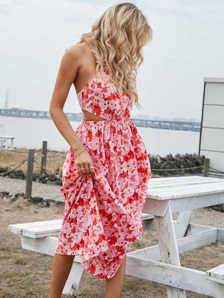 

floral print backless knot halter neck dress j62s#, Black;gray