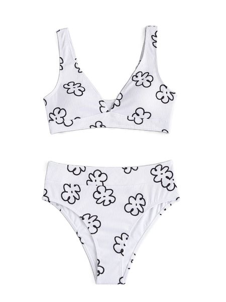 

floral print rib bikini swimsuit f7lm#, White;black