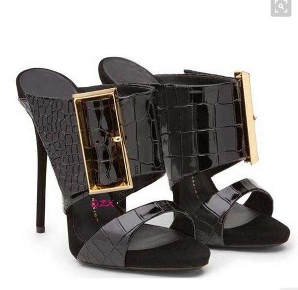 

2022 fashion women buckle sandals snakeskin print leather high heels party shoes open toe gladiator sandals thin heel slides sandal, Black