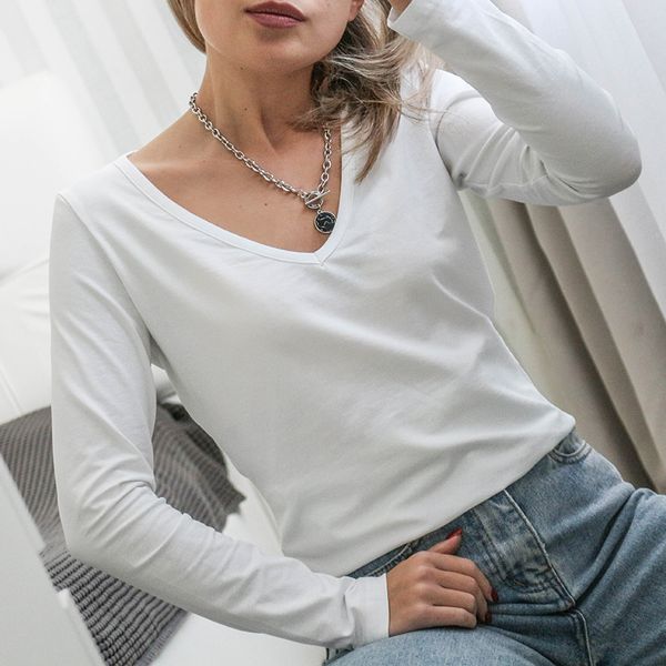 

94 cotton women s t shirt v neck long sleeve tees harajuku basic streetwear woman clothes 220714, White