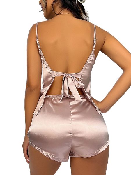 

tie backless satin pj set b984#, Black;red