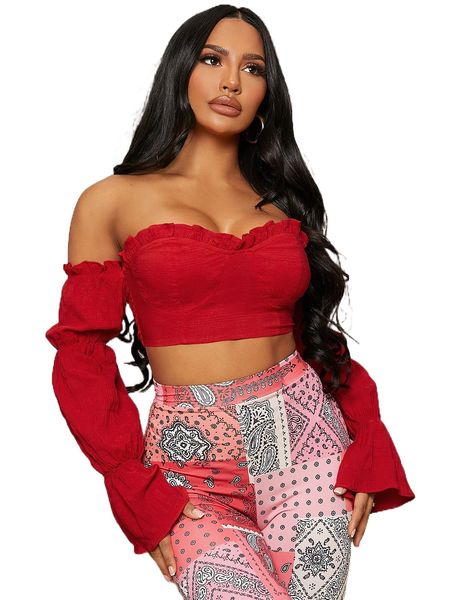 

sxy off shoulder frill trim crop j3fi#, White