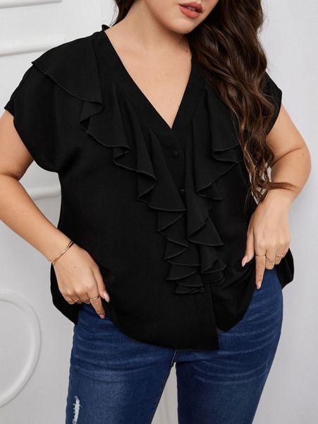 

plus solid ruffle trim batwing sleeve blouse o5fe#, Black