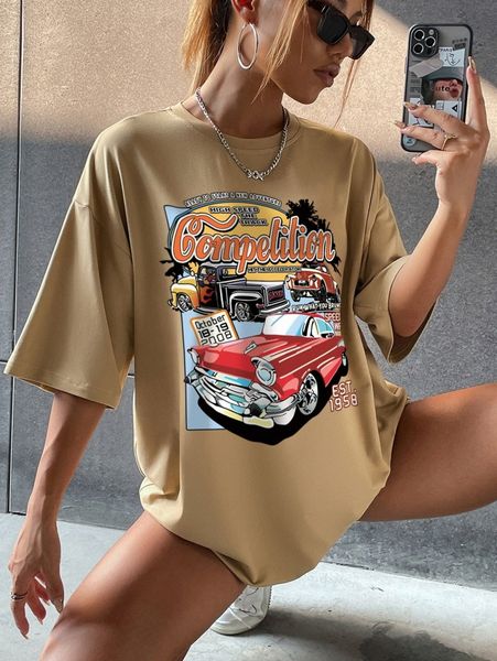 

letter & car print drop shoulder tee 36fa#, White