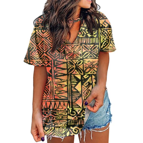 

noisydesigns fashion trend women clothing hawaii tapa pattern print v-neck short and tees female breathable summer t-shirts 220628, White