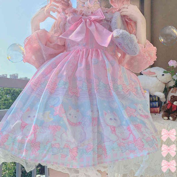 

nxy casual dress victorian vintage women sleeveless bowknot princess party dresses dream cat print girls japanese sweet kawaii jsk lolita dr, Black;gray