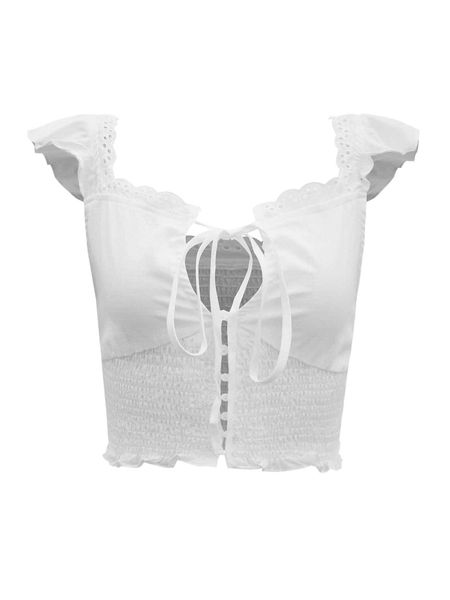 

ruffle strap tie front shirred hem t7os#, White