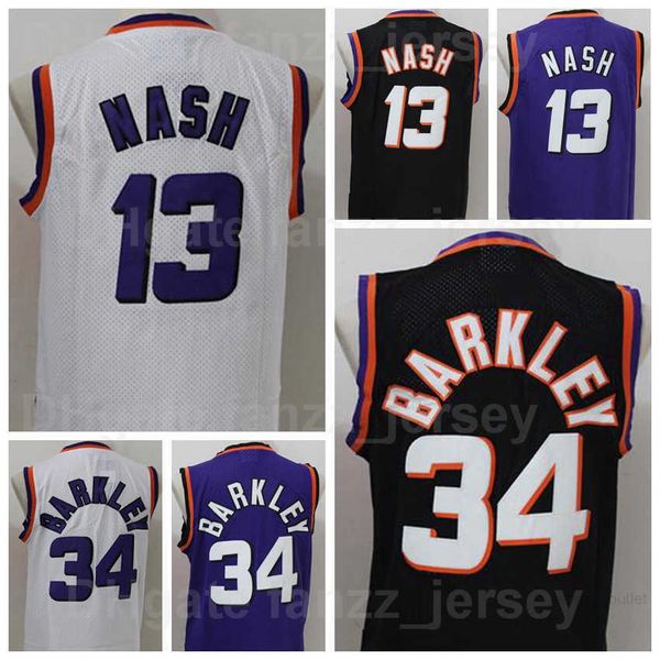

men vintage basketball charles barkley jersey 34 steve nash 13 retro black purple white team color embroidery and stitched breathable for sp, Black;red