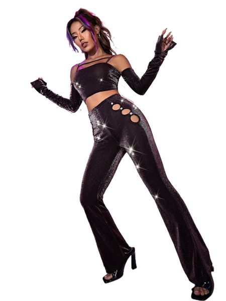 

glitter cut out flare leg pants j7ti#, Black;white