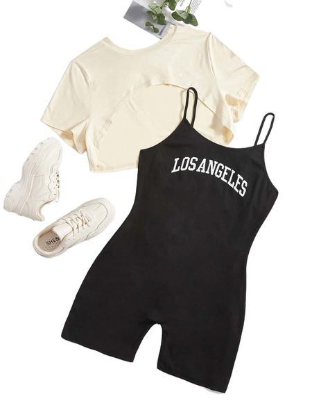 

plus letter graphic cami romper & shrug j40d#, Black