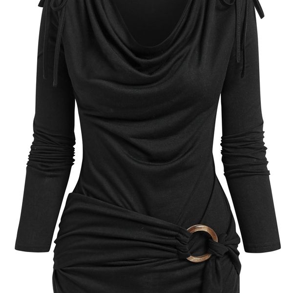 

cowl neck cinched o ring tee long sleeve loose womens spring autumn style blouses shirt 220809, White