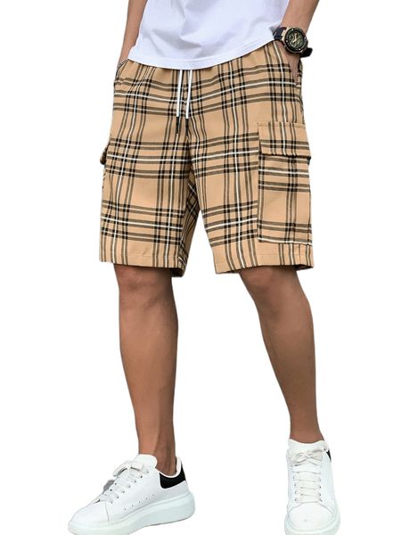 

men plaid print drawstring waist cargo shorts h9wj#, White;black