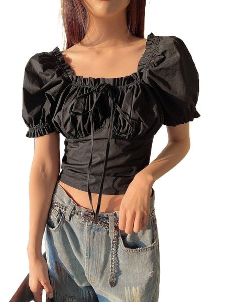 

dazy puff sleeve tie front frilled blouse u5bc#, White