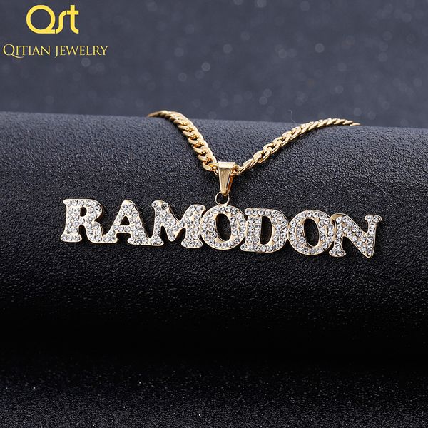 

personalized iced out name necklace pendant charm custom gold stainless steel zirconia hip hop nameplate jewelry men cuban chain 220722, Silver