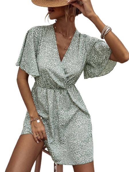 

leopard surplice neck butterfly sleeve dress t8lt#, Black;gray