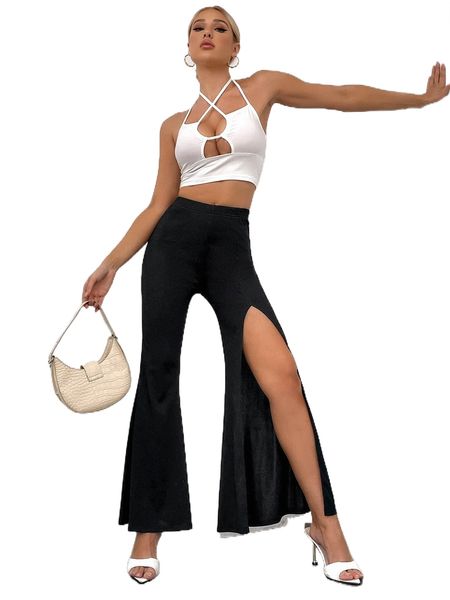 

flare hem split thigh pants y0od#, Black;white