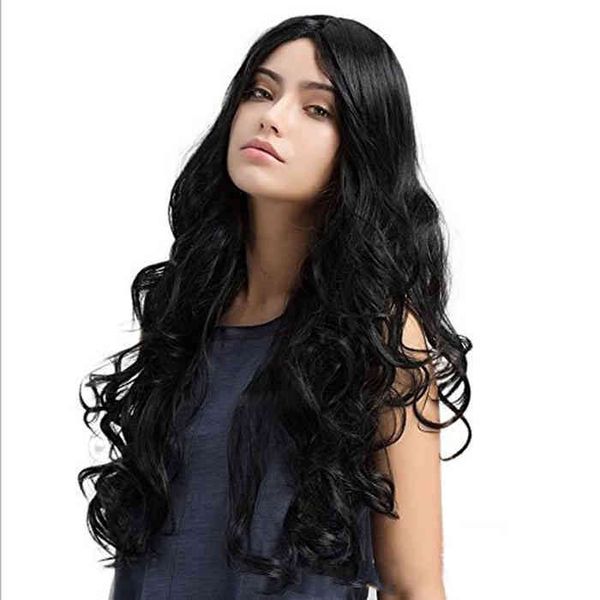 

new long loose wave wig brazilian hair simulation human hair black long loose wave wig with middle part for lady, Golden;white