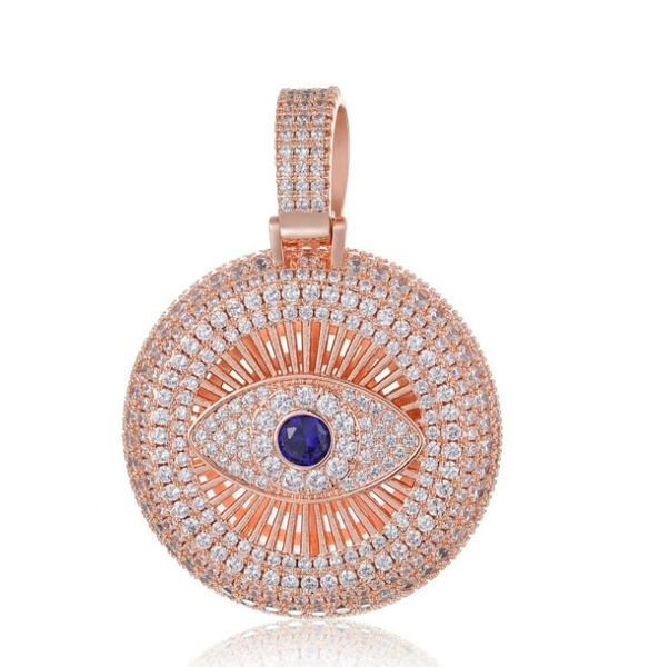 

hip hop 5a cz stone paved bling iced out evil eye round pendants necklace for men women rapper jewelry gift, Silver