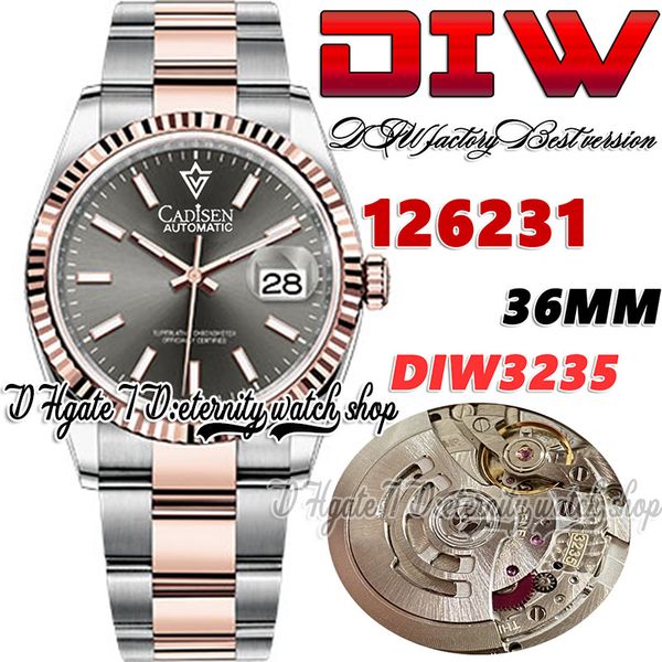 

diwf diw126231 sa3235 automatic mens watch 36mm two tone rose gold fluted bezel grey dial stick markers 904l oystersteel bracelet super edit, Slivery;brown