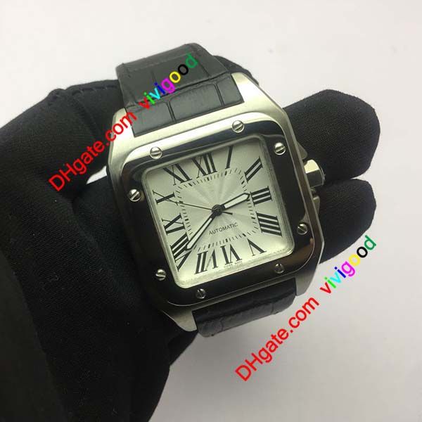 

brand sport new luxury 100 xl black men date automatic mechanical watch watches sports 40mm leather belt original clasp, Slivery;golden