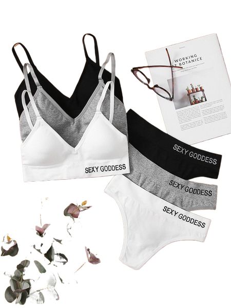 

3sets rib letter graphic lingerie set m8gf#, Black;red