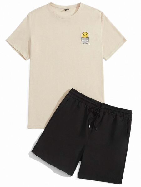 

men expression print tee & drawstring waist shorts t9st#, Gray