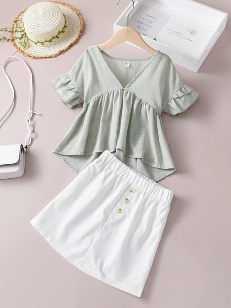 

girls flounce sleeve high low hem & skirt she, White