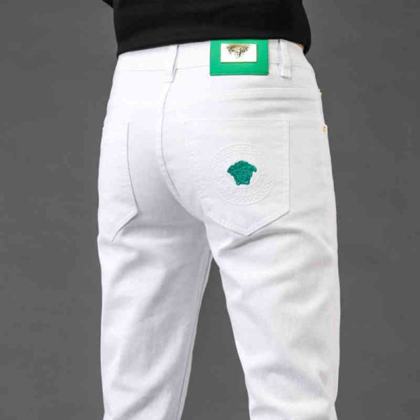 

men's jeans men's pants high-end pure white high elastic slim fit jeans fashion brand 0ld5, Blue