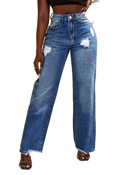 

sxy ripped raw hem straight leg jeans b8k1#, Blue