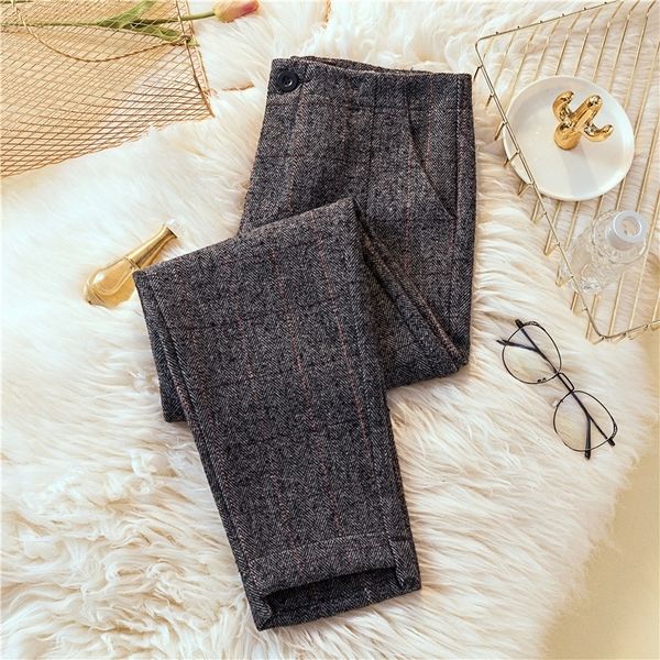 

jujuland autumn winter woolen pant high waist warm pencil pants streetwear plus size trousers pantalon femme 1951 y200418, Black;white
