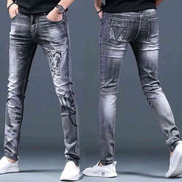 

korea version light luxury gray jean slim stretch jeans print casual jeans stylish street jeans2022, Blue