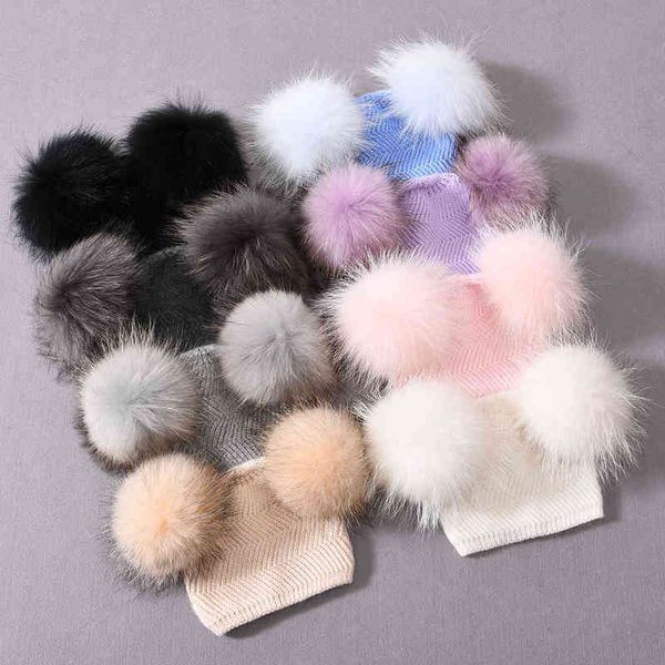

2020 newborn baby kids girls boys winter warm hat wool knitted beanie real furry fur balls pompom solid warm cute j220722, Blue;gray