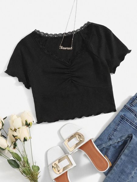 

lace trim raglan sleeve ruched rib-knit crop tee x77r#, White