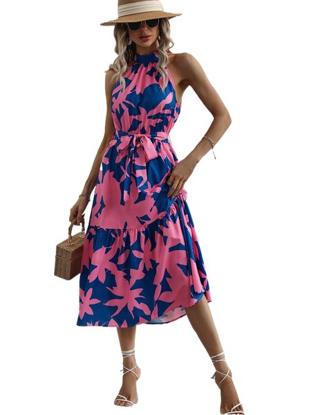 

plants print belted tie back dress c6ag#, Black;gray