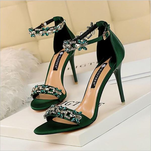 

brand woman wedding shoes green high heels satin sandals designer round toe dress shoe luxury women shallow mouth reds sole pumps 2440, Black