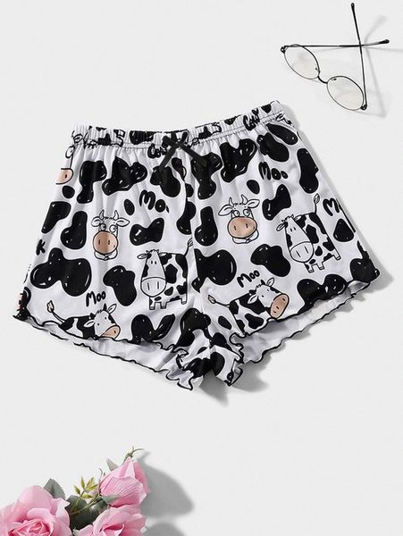 

plus cow print lettuce trim sleep shorts u2kc#, Black;white