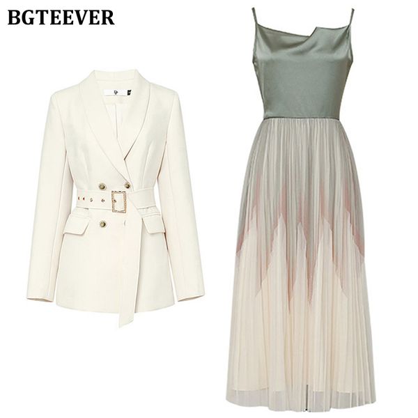 

spring chic women 2 pieces dress set long sleeve belted blazer &amp sleeveless slim waist mesh dress elegant female ol set, White