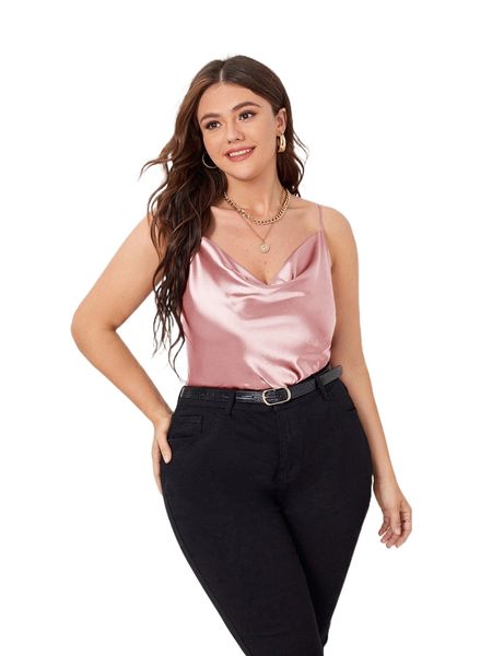 

plus draped neck satin cami j97n#, Black