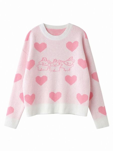 

heart and rabbit pattern sweater n5yy#, White;black