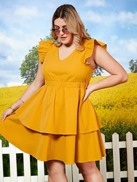 

plus ruffle sleeve layered hem dress v27t#, Black