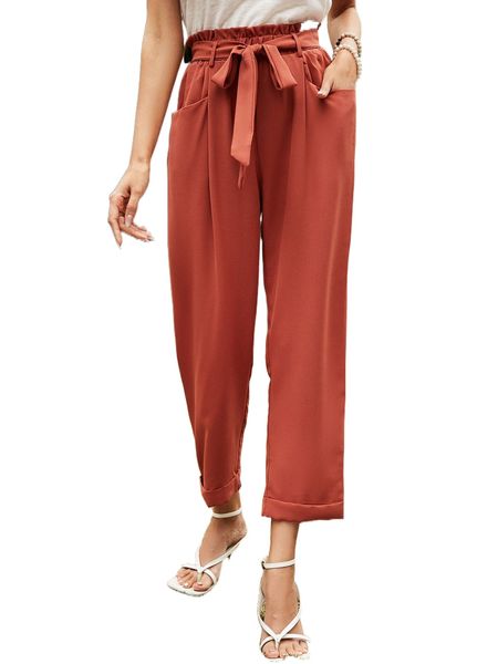 

paper bag waist belted pants d9gp#, Black;white