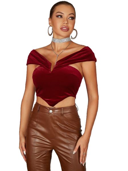 

d& off shoulder hanky hem crop velvet i6s4#, White
