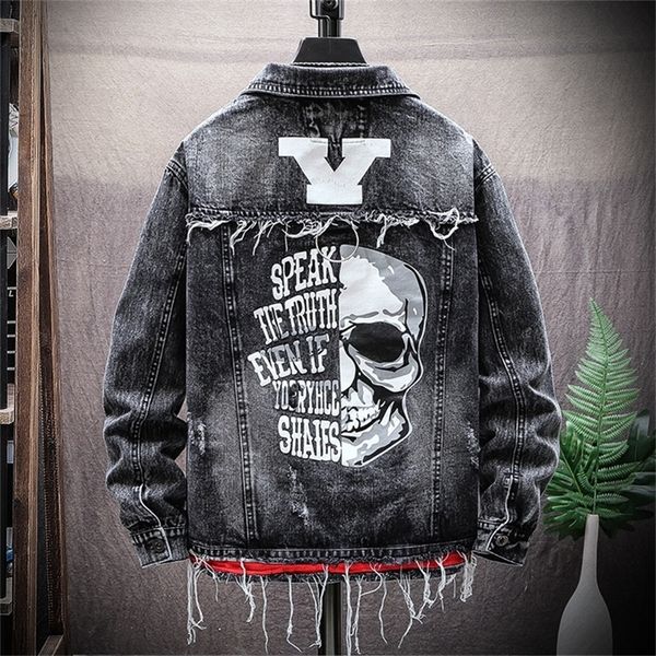 

spring autumn ripped hole denim jacket male fashion personality brand printed outerwear men spring autumn skull jacket 201218, Black;brown