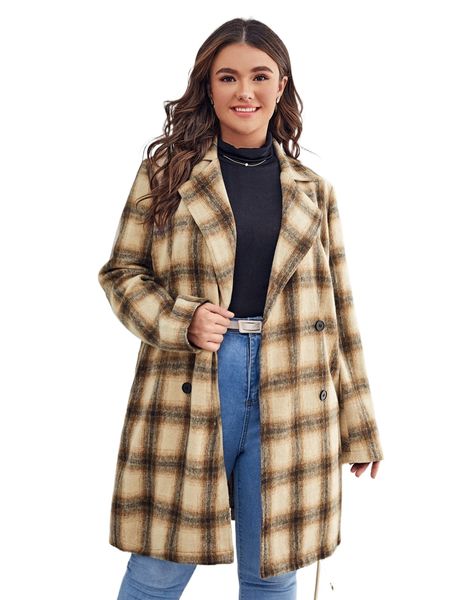 

plus plaid lapel neck double breasted slant pockets overcoat f0aq#, Black
