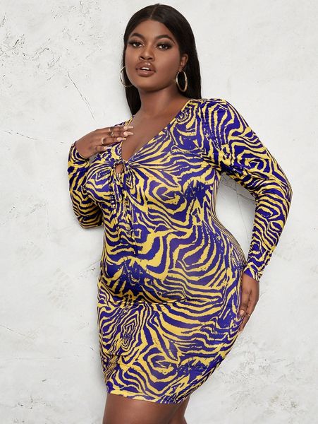 

sxy plus tie front zebra striped dress f06y#, Black