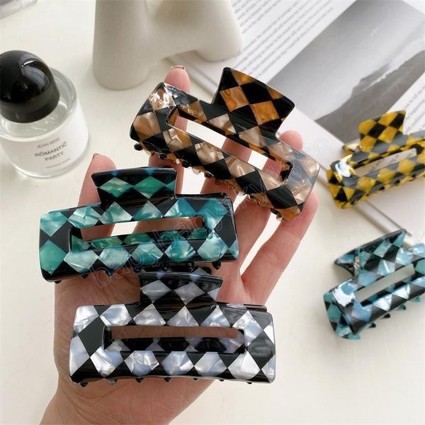 

women medium size checkerboard hair clamps hollow out square hair claw clips europe female ponytail scrunchies alloy hairpins accessories le, Slivery;white