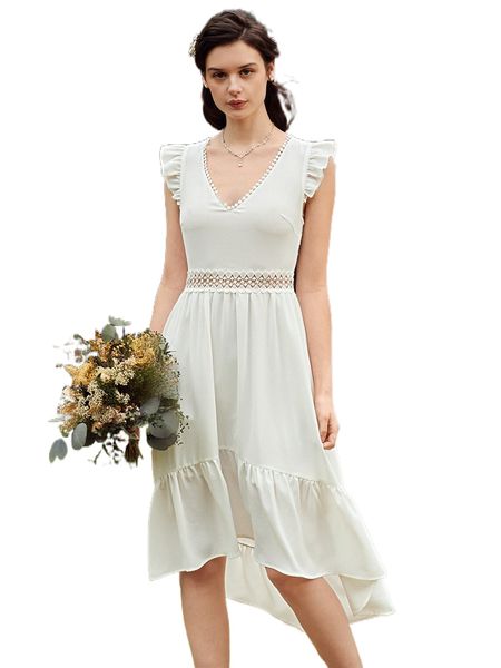 

guipure lace insert butterfly sleeve ruffle hem dress i6tz#, Black;gray