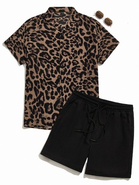 

men notched collar button up leopard print shirt & shorts y9si#, Gray