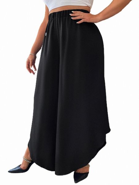 

plus elastic waist curved hem wide leg pants u68c#, Black
